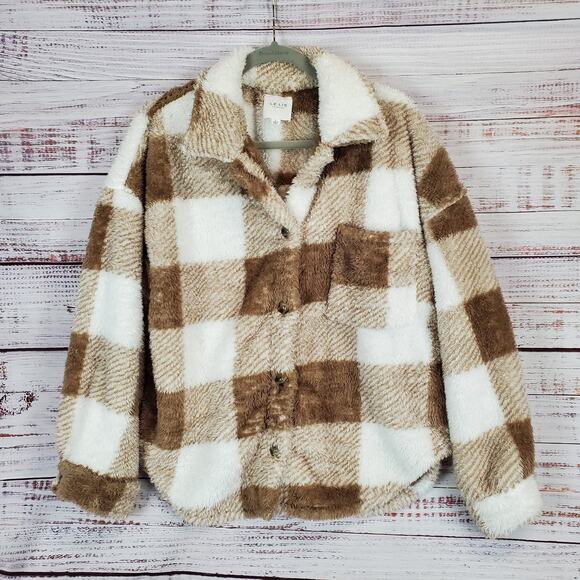 Le Lis Fuzzy Shacket Sweater Coat Cozycore Boho Aesthetic Brown/White Check Sz L - Picture 2 of 10